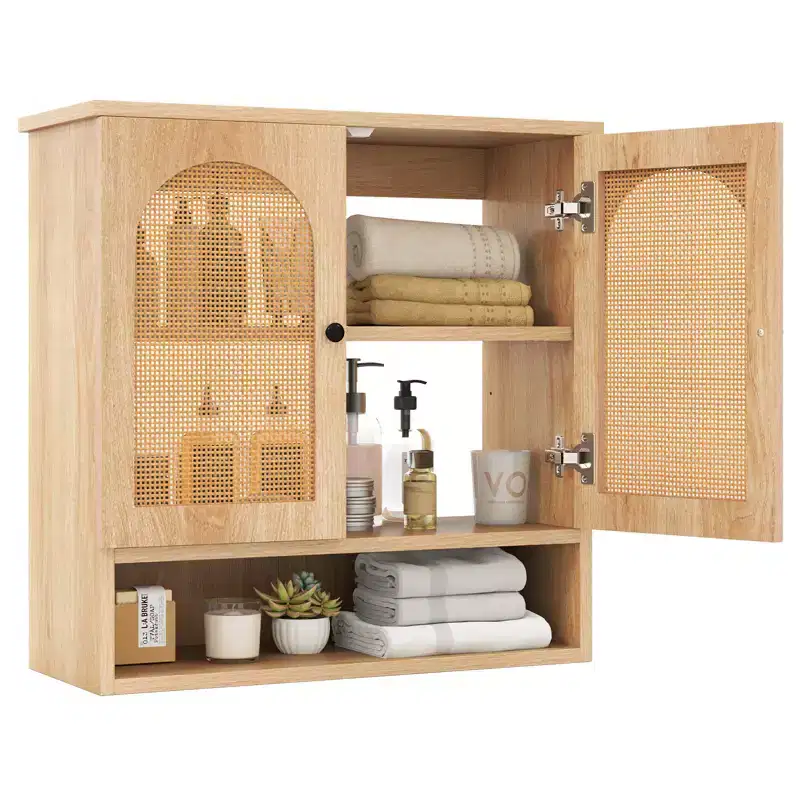 Bathroom Wall Cabinet with Adjustable Shelves Open Cube 2 PE Rattan Doors for Over Toilet Wall Mounted Medicine Cabinet Natural