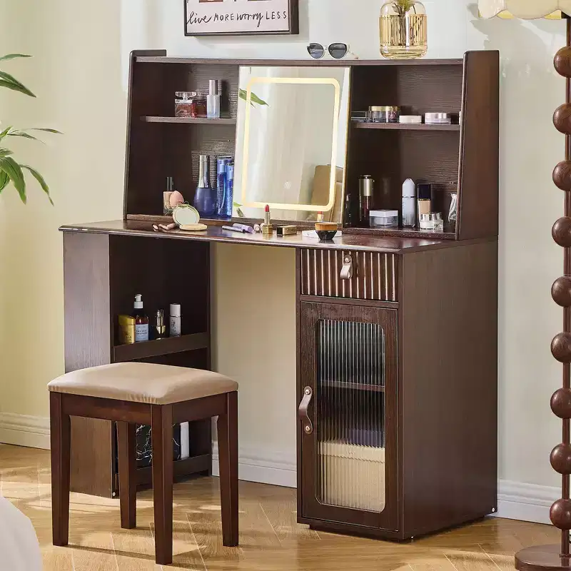 Modern Makeup Vanity Desk with Sliding LED Mirror, Cabinet and Shelf Storage, Side Cabinet, Matching Stool, and Open Shelves for Bedroom