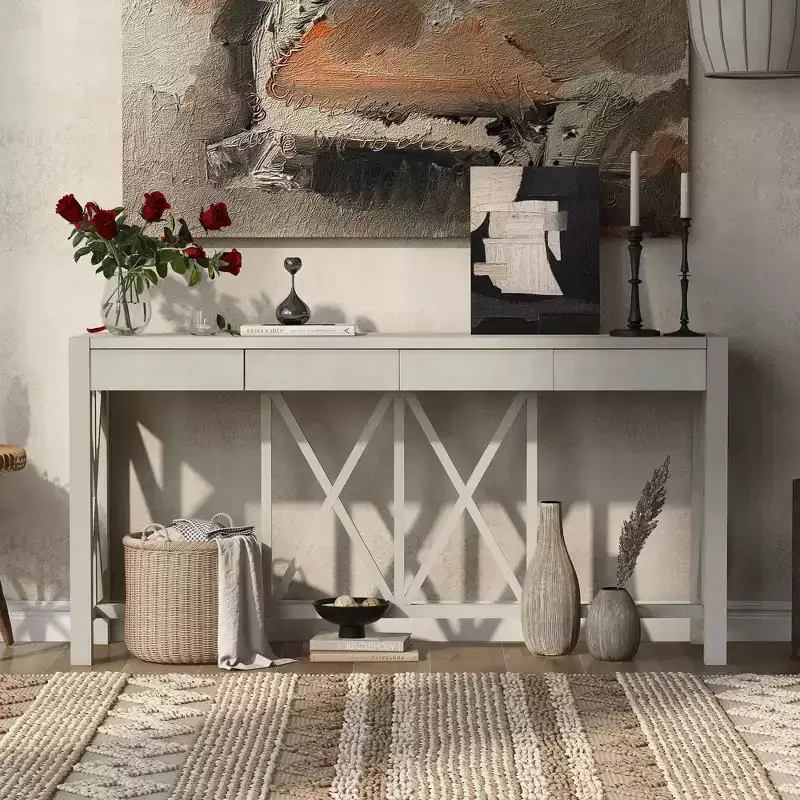 60 Acacia Wood Console Table with 4 Drawers, Farmhouse Entryway Table with X-Leg Design, Slim Sofa Table for Living Room, Kitchen, Hallway