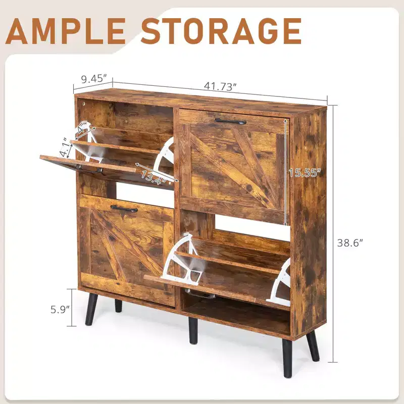 Karl Home Barn Door 4 Flip Black Handles Melamine Particleboard Black Legs Shoe Cabinet 41.7In Weathered Wood