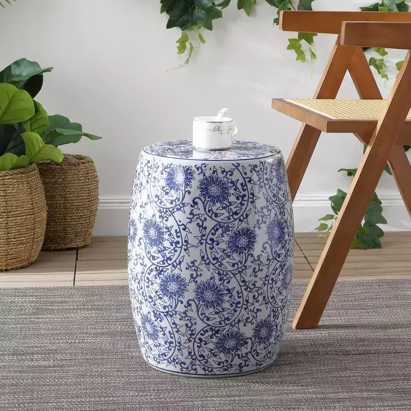 JONATHAN Y Lotus Blossom 17.5 Chinoiserie Ceramic Drum Garden Stool/Accent Table, Blue/White