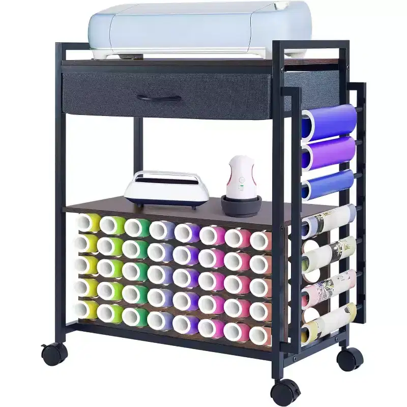 Acekool Craft Organizer Rolling Cart, Storage Workstation with Fabric Drawer, 47 Vinyl Roll Holder & Hooks for Craft Room