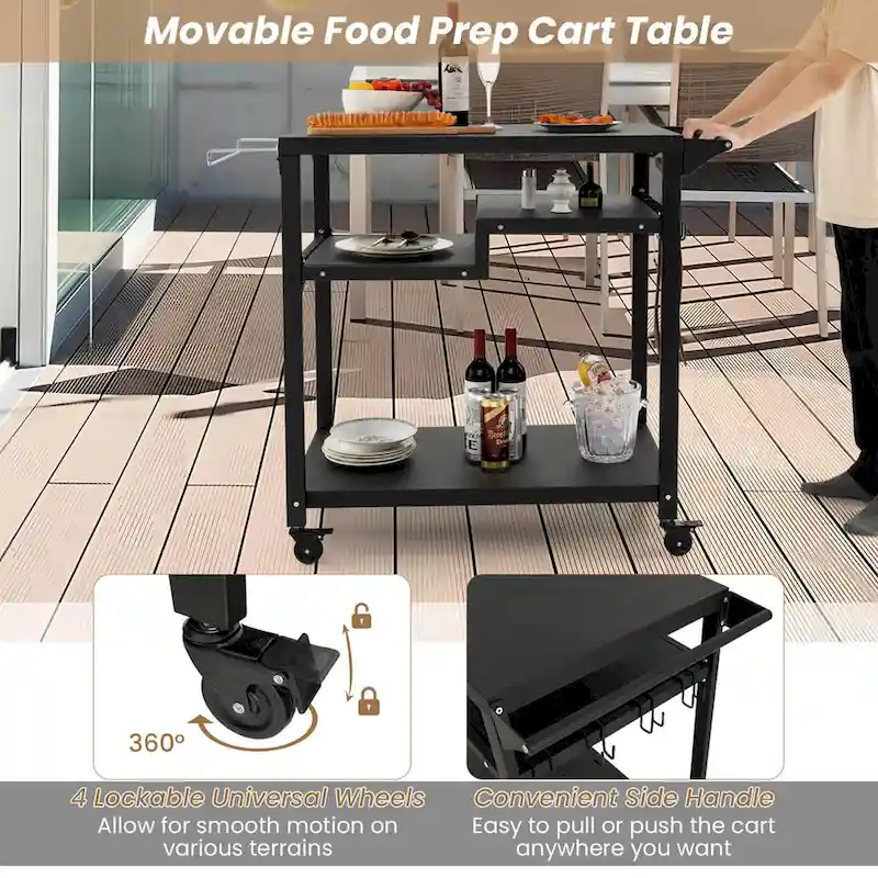 Costway Rolling Grill Cart 3-Shelf BBQ Table Pizza Oven Stand with - See Details