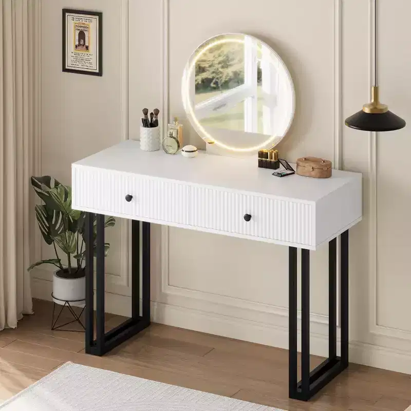 Vanity Desk with Mirror and Lights, 40 Inch Makeup Vanity with 3 Color Lights and Adjustable Brightness