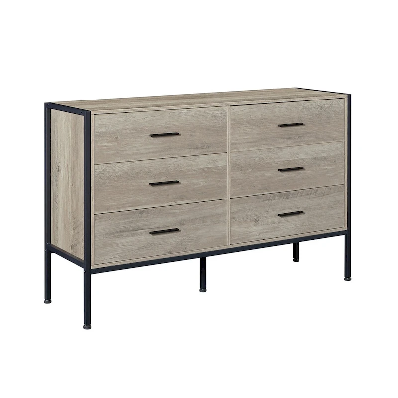 Wood Dresser with 6 Drawers, Solid Clothes Cabinet with Sturdy Steel Frame, 48.58W15.75D31.22H, 48 inch, Rustic Grey