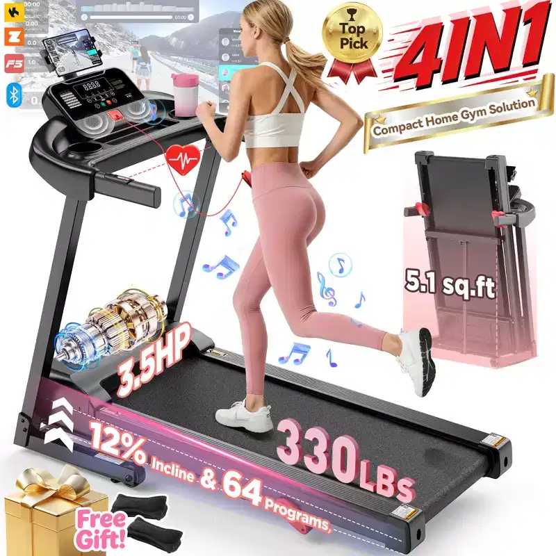 3.5HP Treadmill on Sale: Foldable Treadmill with 12% Incline, APP & Bluetooth Speakers, 330lbs Capacity, 64 Programs, Home Gym