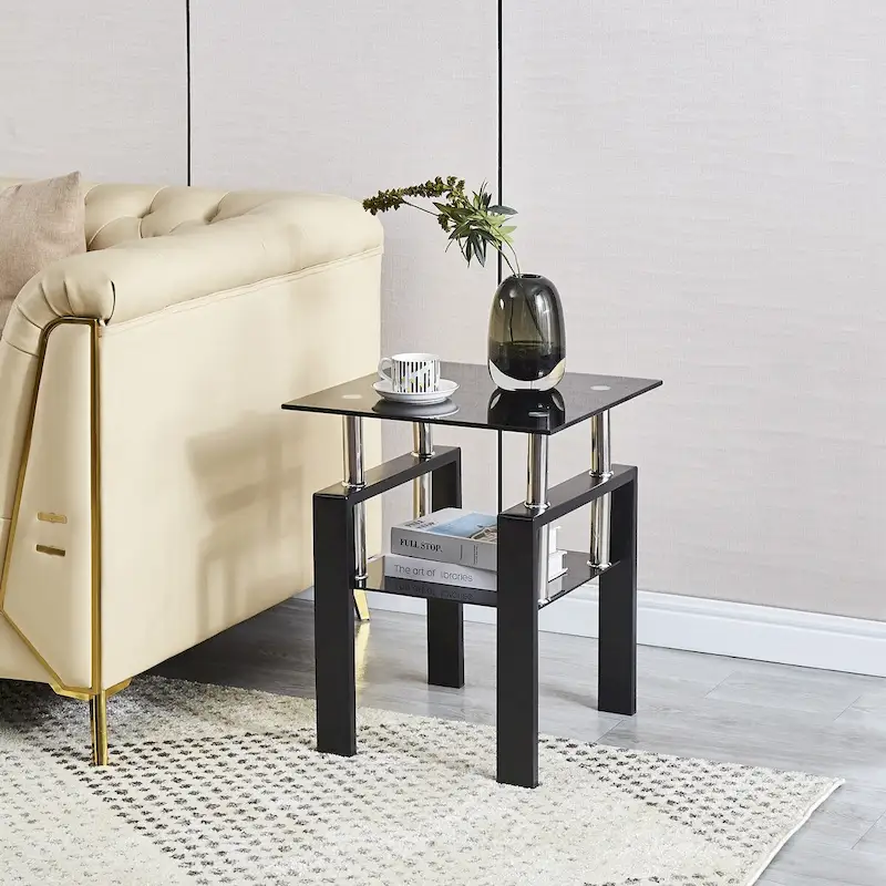 Black / Clear 2-Tier Tempered Glass Side Table, 1-Person