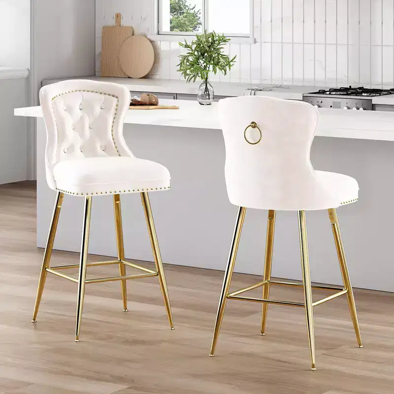 2 Faux Leather Counter Height Bar Stools for Dining Rooms, Kitchen Island, Button Tufted Wing-Back Chairs with Golden Legs