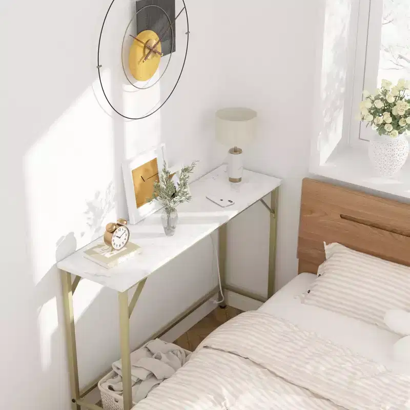 Coolmee Narrow Console Table, Golden Sofa Table with Outlets, Behind Couch Table for Living Room, Hallway Table for Entryway