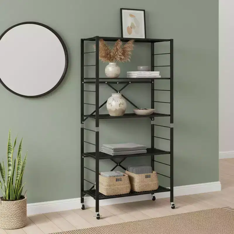 Gymax 1/2PC 5-Tier Adjustable Foldable Storage Shelves w/ Lockable Wheels for Home Office Black