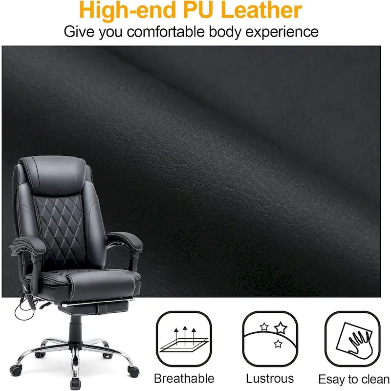 Ergonomic Heated Executive Office Chair, 2/4/6-Point Massage, Retractable Footrest, PU Leather