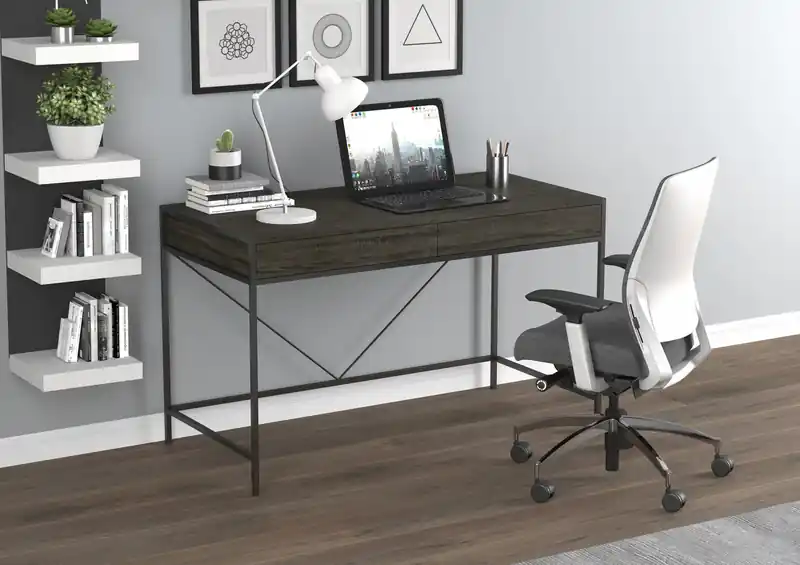 49 Computer Desk With 2 Drawers - Grey Wood With Black Metal