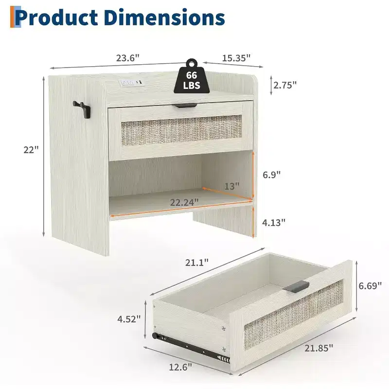 COZONY Wicker Nightstand with Type-C Charging Station, Boho Bedside Table with Drawer and Open Compartment for Bedroom