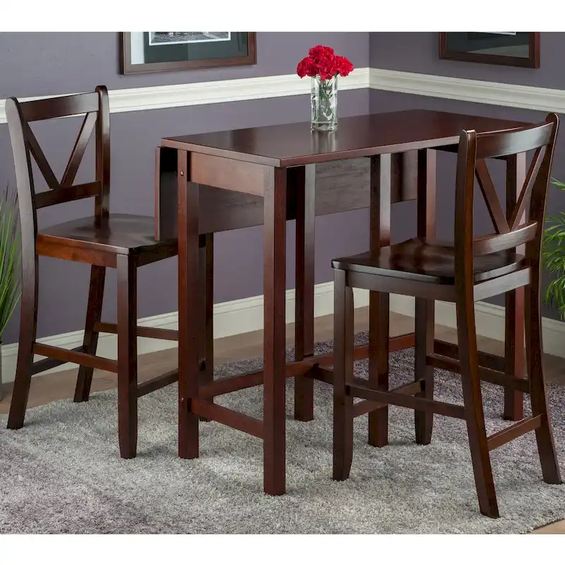 Walnut Drop Leaf Counter Table Set for 2, V-Back Stools