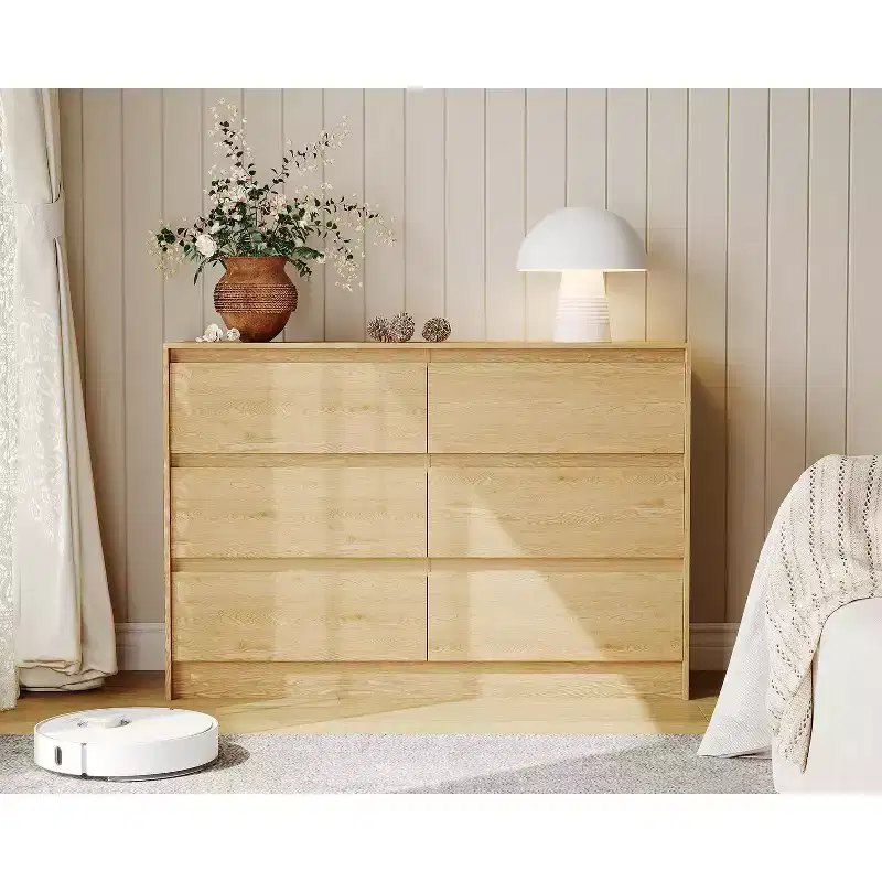 Farmhouse 6 Drawer Dresser, 47 Inch Wide Chest of Drawers, Design Natural Oak Wooden Organizer Cabinet for Bedroom, Living Room, TV Stand