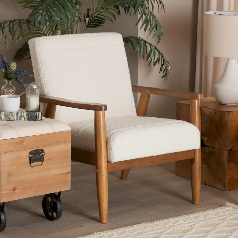 Mid-Century Modern Cream Boucle Fabric and Walnut Brown Wood Armchair