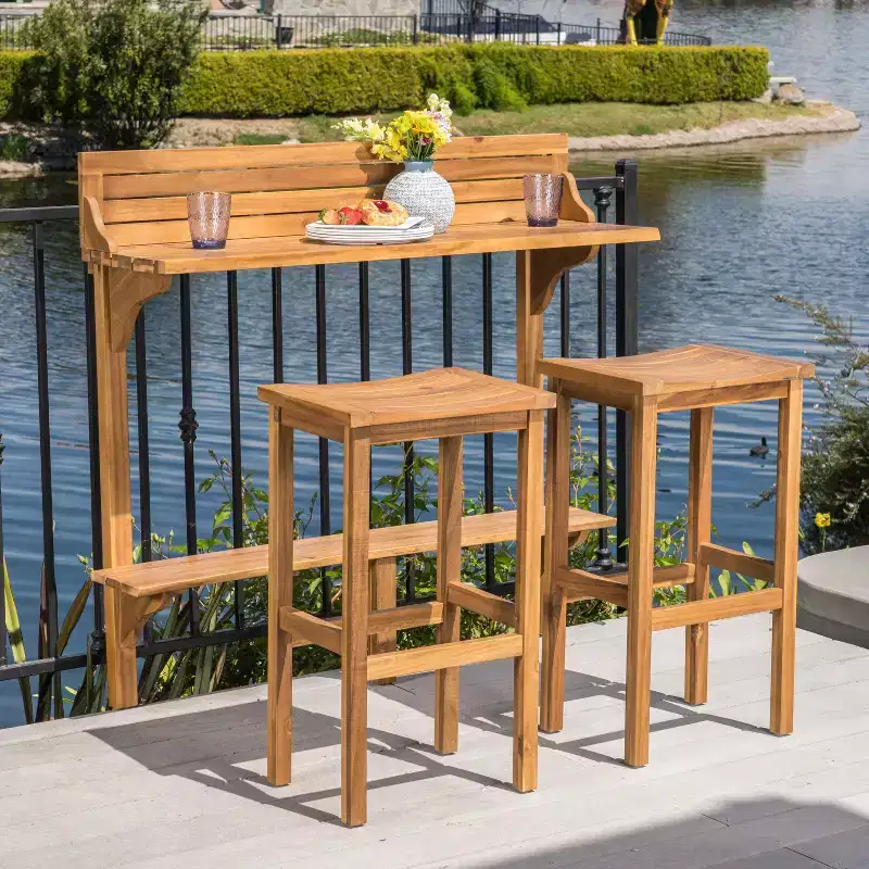 GDFStudio Pranav Modern 3 Piece Acacia Wood Slatted Balcony Bar Set with Bottom Shelf Table and 2 Stools