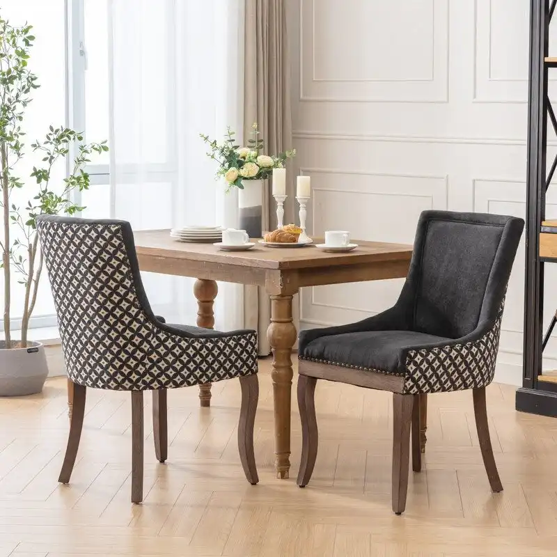 Thickened Fabric Dining Chair with solid wood legs, Set of 2