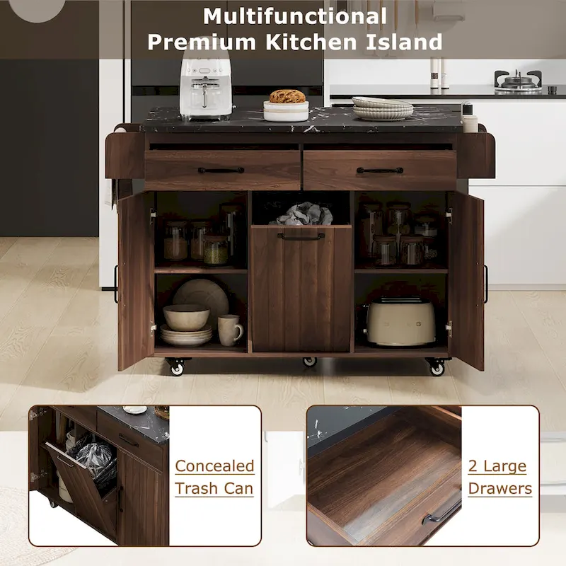 51 in. W Rolling Kitchen Island Cart with Drop Leaf and Tilt-out Trash Can