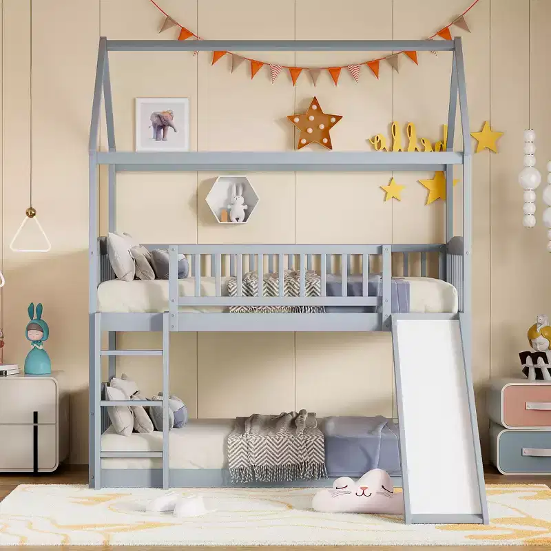 Twin Size House Bunk Bed with Slide, Kids Twin House Bed Frame with with Roof and Guardrails, Gray