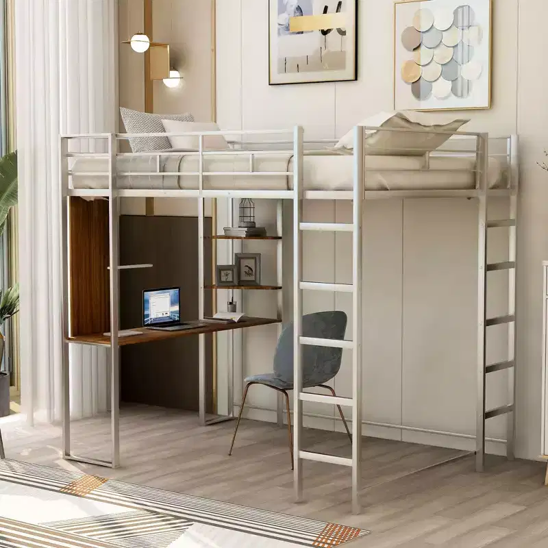 Okak 79.5IN Full Size Metal Loft Bed with 2 Ladders, Bed Frames With Desk, 2 Shelves and Safety Guardrails, Bunk Bed for Bedroom, Dormitory