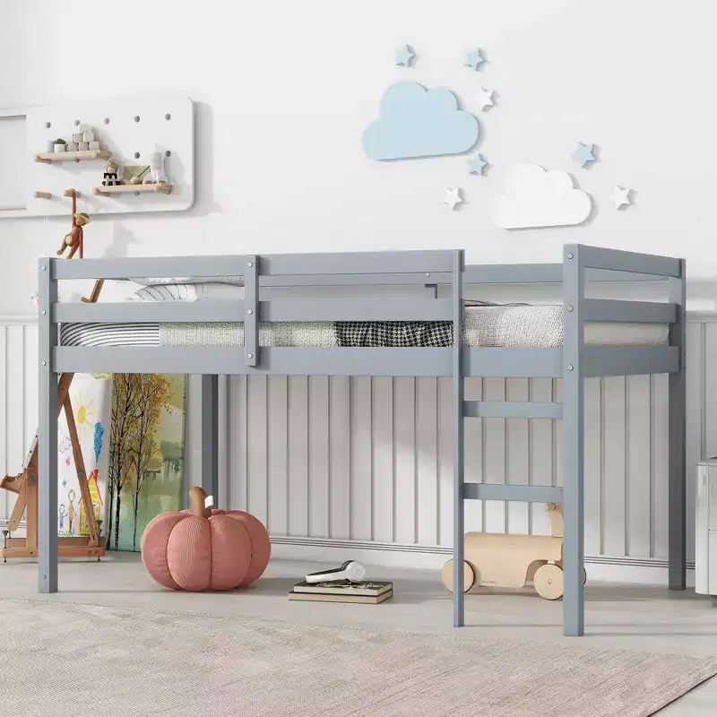Solid Wooden Twin Loft Bed with Ladder, Bed Platform of Strengthened Slats Gray