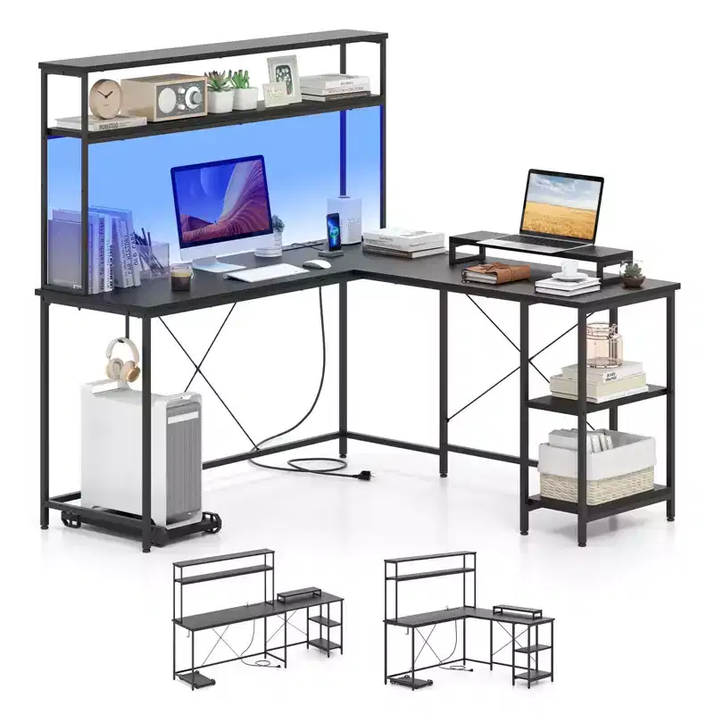 L-Shaped Gaming Desk with RGB LED Strip, Power Outlets & Hutch - Monitor Stand, CPU Stand, Reversible Design