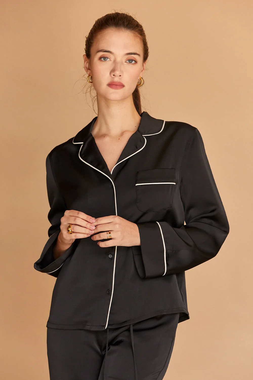Satin Pajama Long Sleeve Top with Notched Lapel Collar