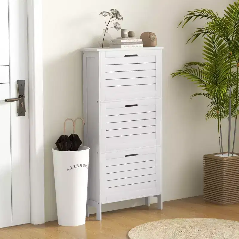 Narrow Shoe Cabinet with 3 Flip Drawers & Louvered Doors - White