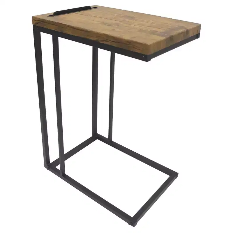 C-Shaped Slide-Under Sofa Side Table with Coffee Top, Black Metal Frame
