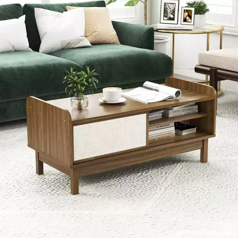 Costway Coffee Table Mid Century Modern Coffee Table with Storage Weaving Rattan Sliding Doors Adjustable Shelf