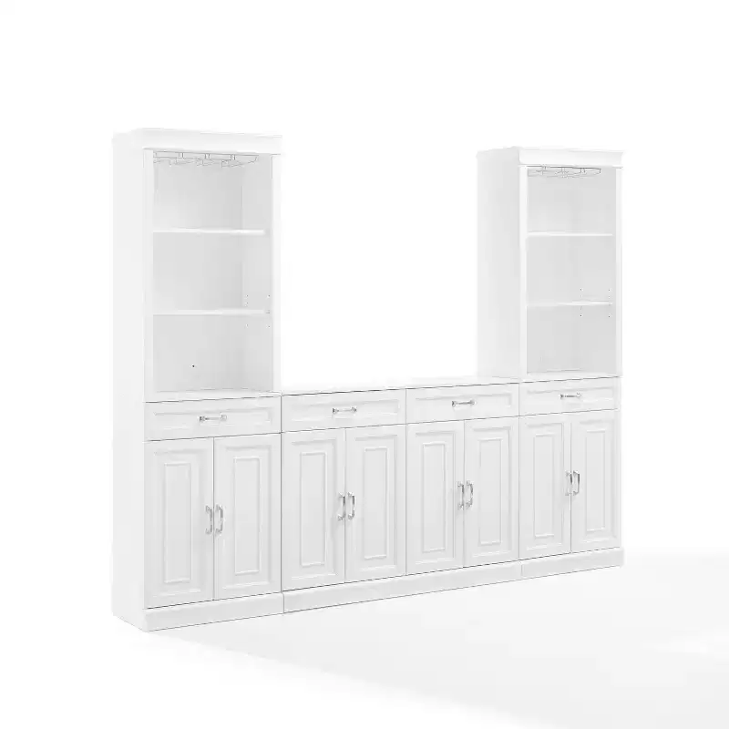 Crosley 95" Stanton 3pc Sideboard and Bar Cabinet Set White: Traditional Storage, Hutch Design