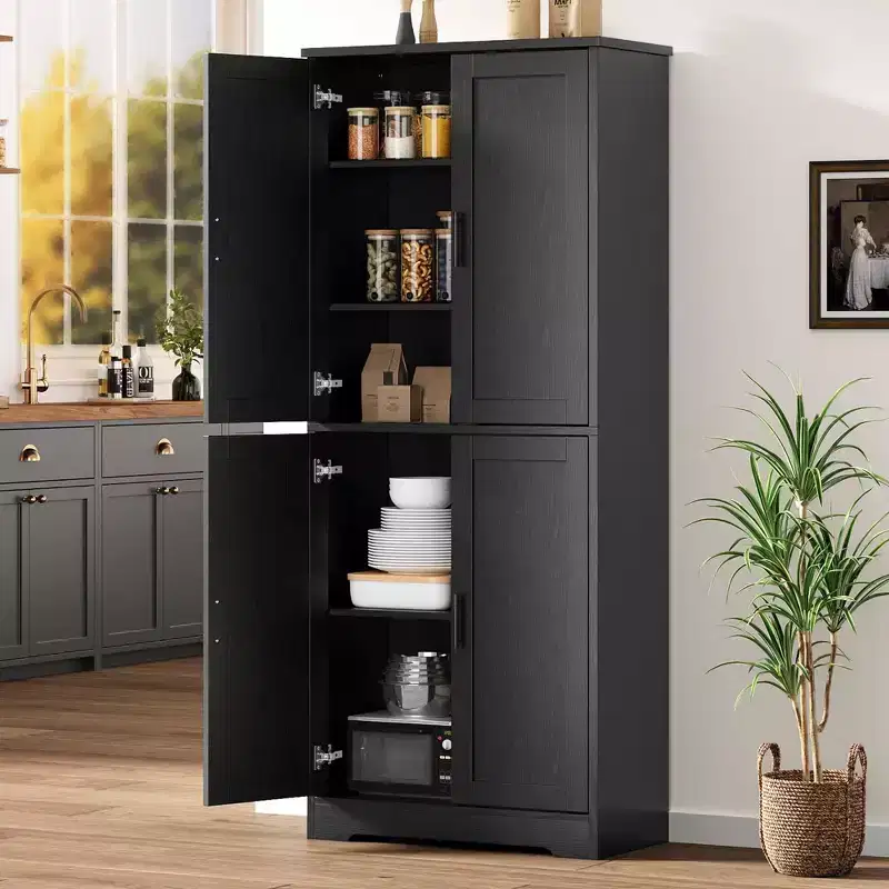 Storage Cabinet, 70in Tall Kitchen Pantry Cabinet - Freestanding 4-Door Cupboard with Adjustable Shelves Utility Hutch black/gray/white