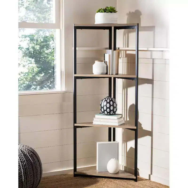 Logan 4 Tier Corner Book Shelf - ETG4200 - Light Grey Oak/Black - Safavieh