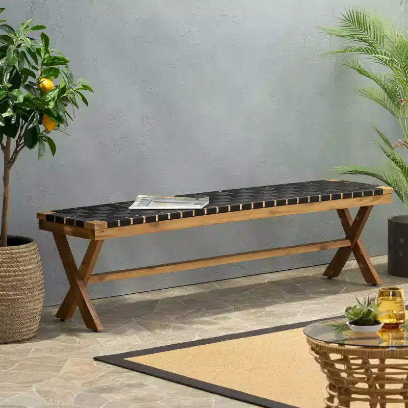 Mallett Outdoor Acacia Wood Bench with Rope Seating - Black/Teak - Christopher Knight Home: UV & Water-Resistant, 3-Person Capacity