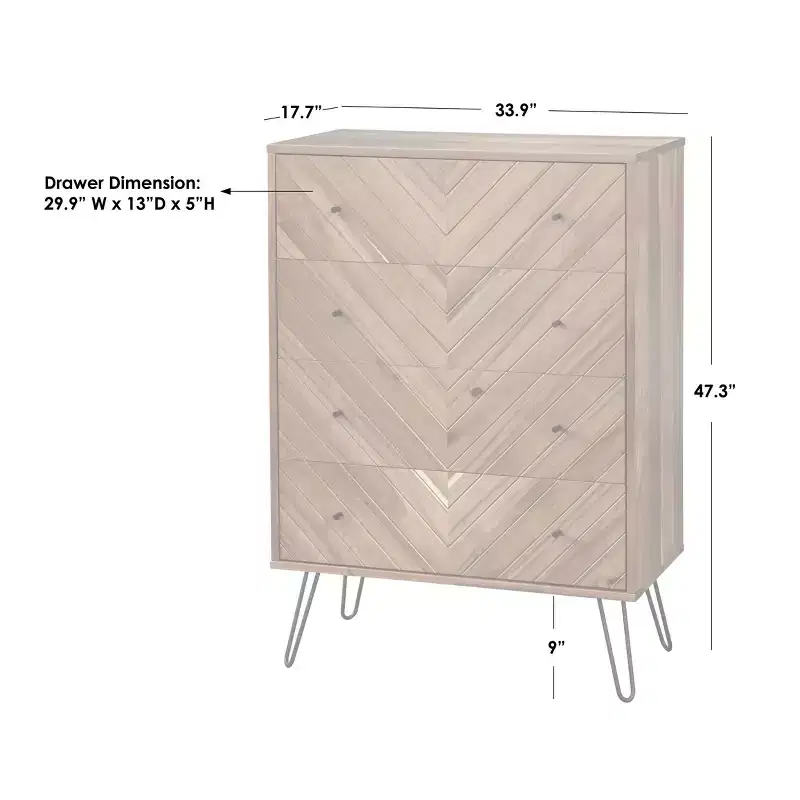 4-Drawer Chest Oak Chevron Acacia Veneer Hairpin Legs 47.3