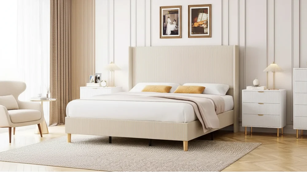 King Size Bed Frame,Upholstered Platform Corduroy Bed Frame with Vertical Channel Tufted Wingback Headboard, Strong Wooden Slats, No Box Spring Needed
