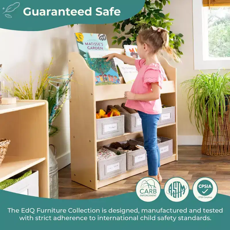Guidecraft EdQ Book and Bin Browser: Wooden Bookcase with Tiered Shelves and Cubbies, Toddler Playroom Furniture and Cube Organizer