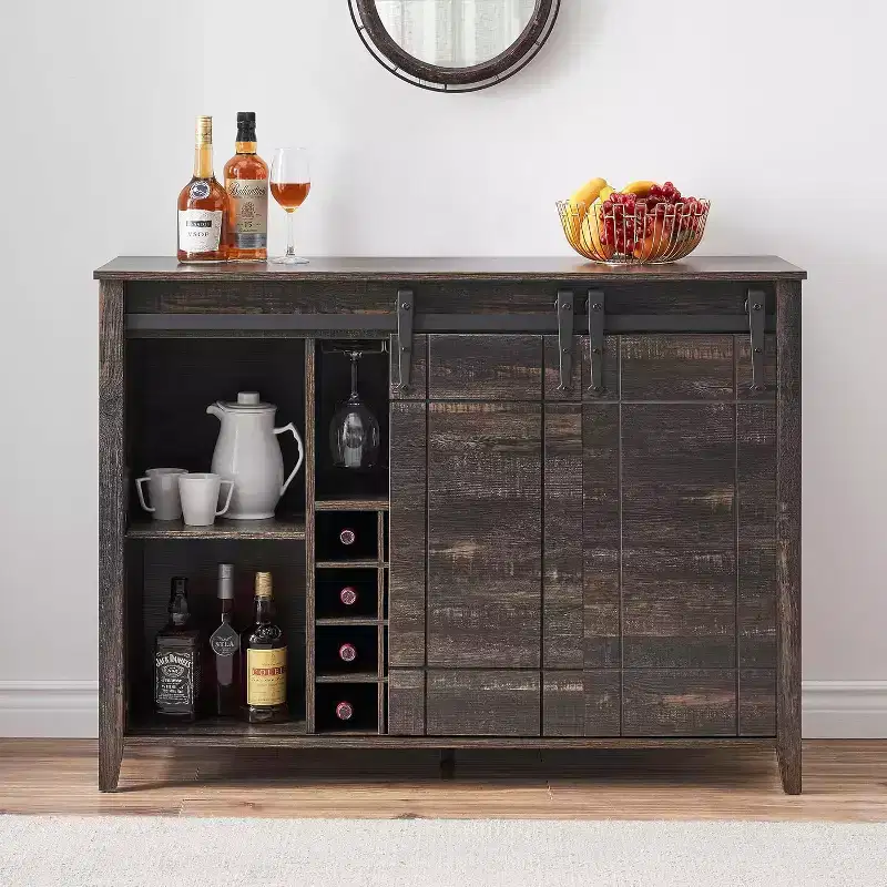 47 Wooden Wine Bar Cabinet with Sliding Door, Modern Liquor Whiskey Coffee Station with Wine Rack&Glass Holder