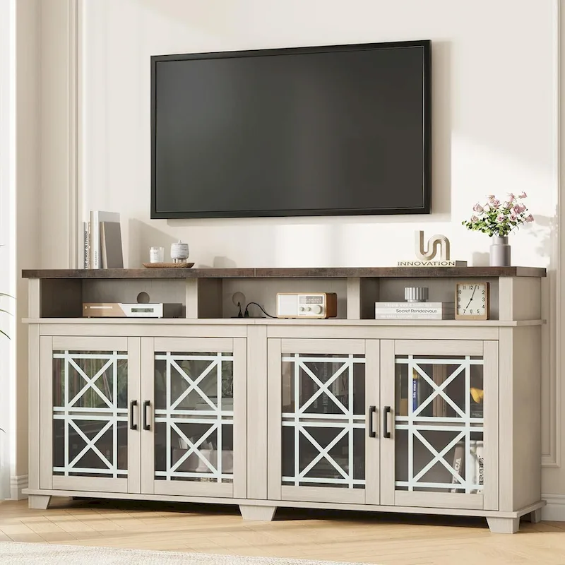 TV Stand for 80 inch, Mid Century Modern Entertainment Center with LED Lights and Storage - 65 inches