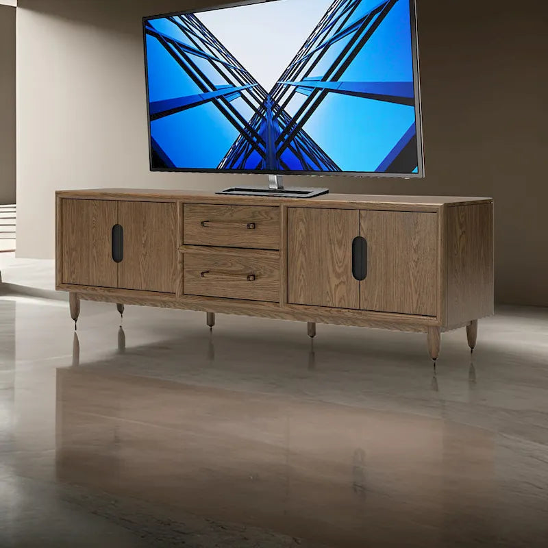 TV Media Console, 2 Drawers, 2 Shelves, Dark Brown Wood, 85 Inch