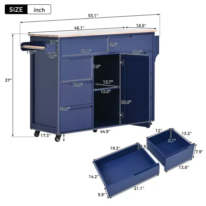 Whisen Modern Kitchen Island with 8 Handle-Free Drawers and 5 Wheels