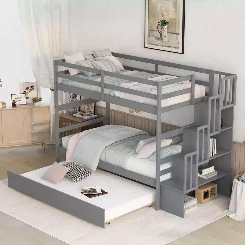 Twin Over Twin Bunk Beds Frame Solid Wood Triple Bunk Bed With Twin Trundle Stairway Storage Function Safety Guardrails For Kids Teens