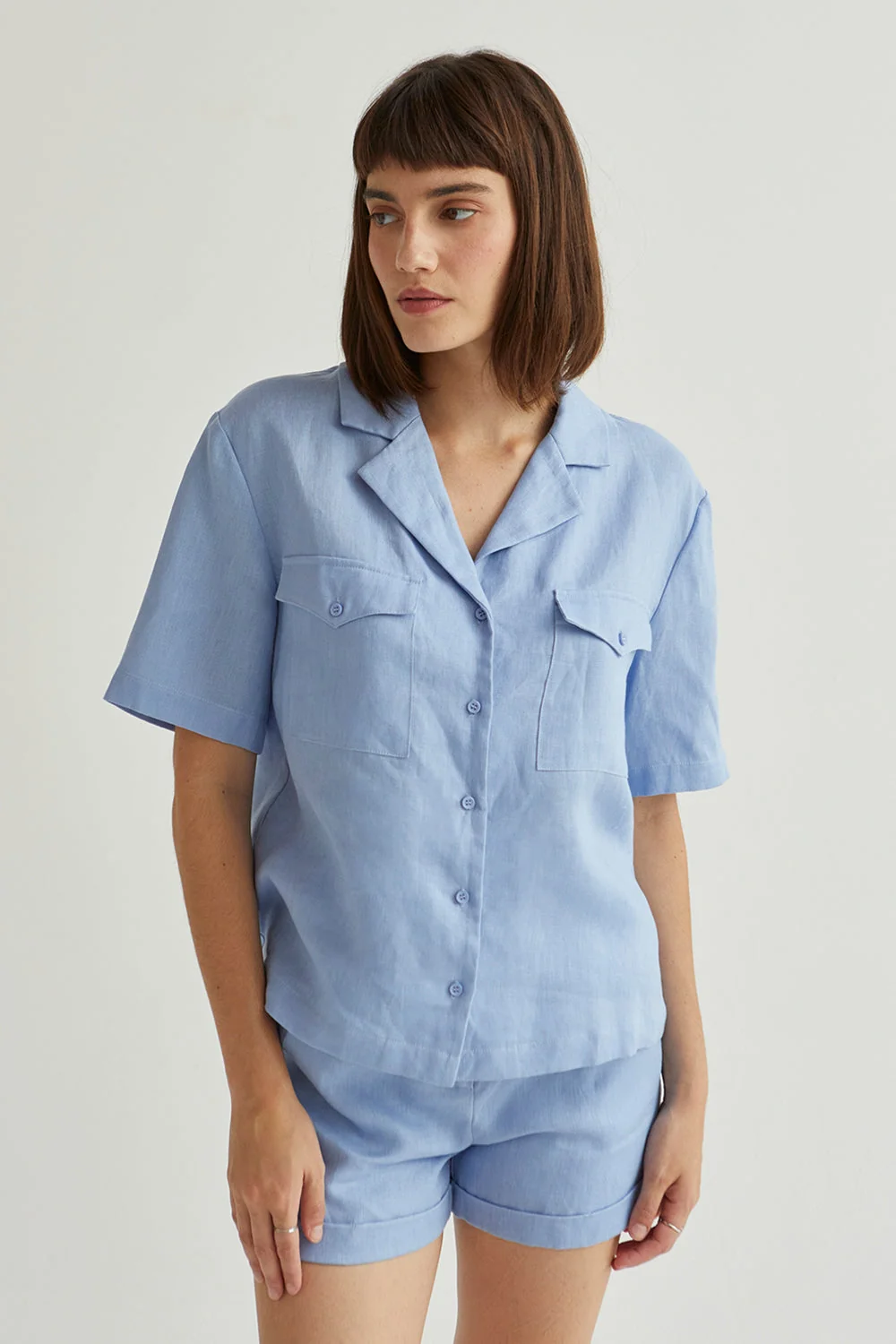 Linen Button Up Short Sleeve Top with Notched Collar