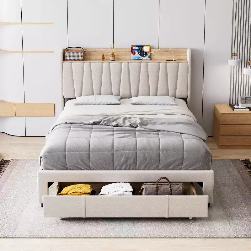 Upholstered Platform Bed Frame with 2 Storage Drawers and Storage Headboard