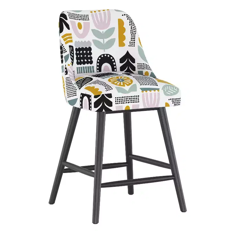 Counter Height Barstool, Botanical Lavender Print, Upholstered, Rubberwood Frame, 27