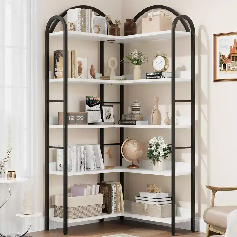 68.5Industrial Wooden Bookshelf with Metal Frame, 5-Tier Reversible Corner Bookcase, Open Storage Organizer for Living Room, Bedroom, Home Office