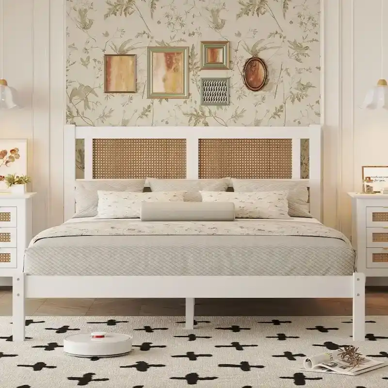 Queen Size Wood Platform Bed with Rattan Headboard