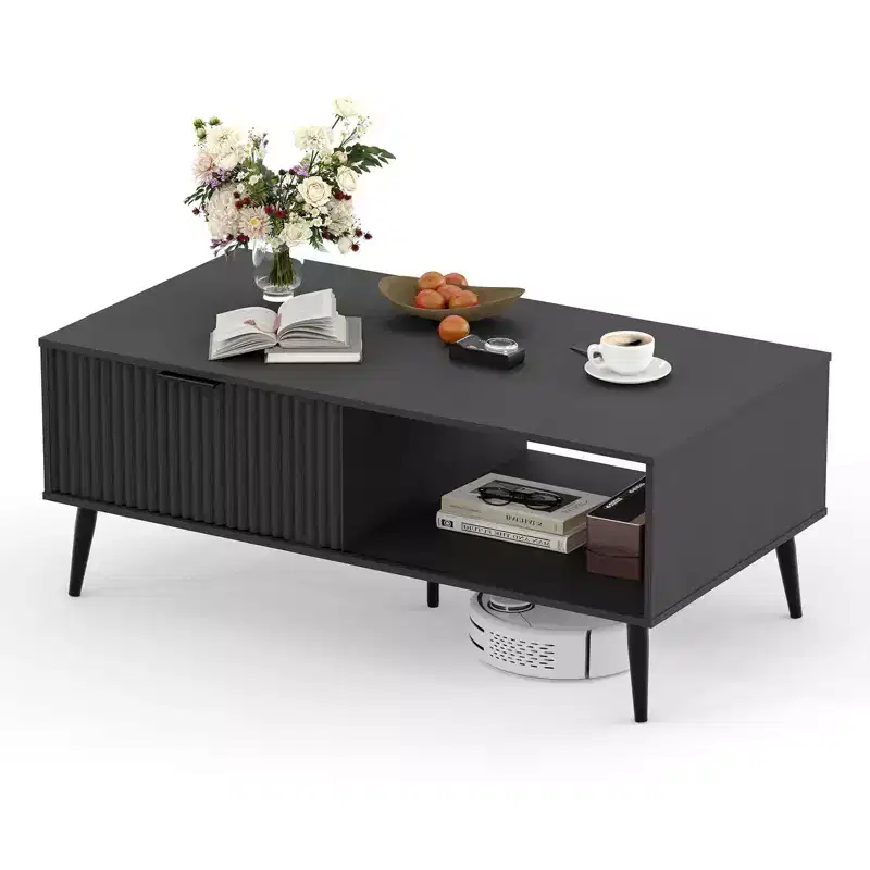 Coffee Table,Wooden Coffee Table with Storage Cabinet, Two-Tier Design, Wave-Style Sliding Doors, Modern for Farmhouse, Living Room, Office,Lounge