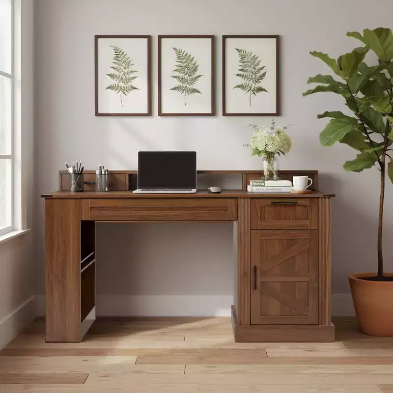 55 Office Desk with Storage Cabinet,Charging Station,Computer Desk with Monitor Stand,Keyboard Tray,Pegboard,Writing Desk for Study,Office